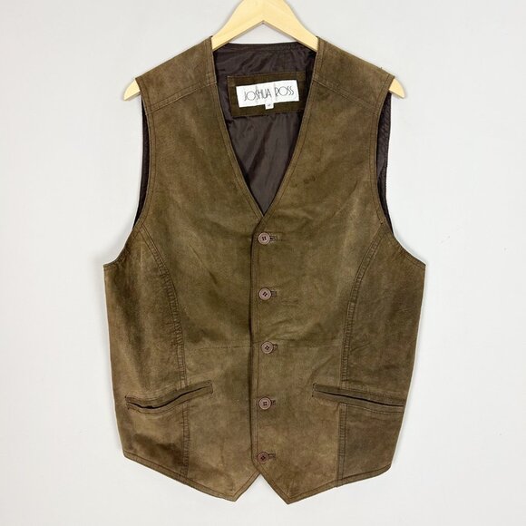 Vintage Joshua Ross 100% Leather Vest Men's Size LARGE TALL Brown Cowboy Western - Picture 1 of 4